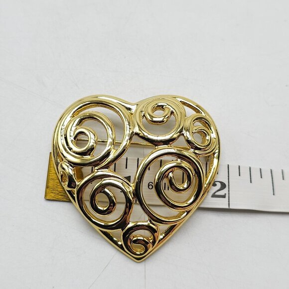 Gold Tone Heart Swirl Pin Brooch With Openwork Design Vintage - Picture 4 of 4